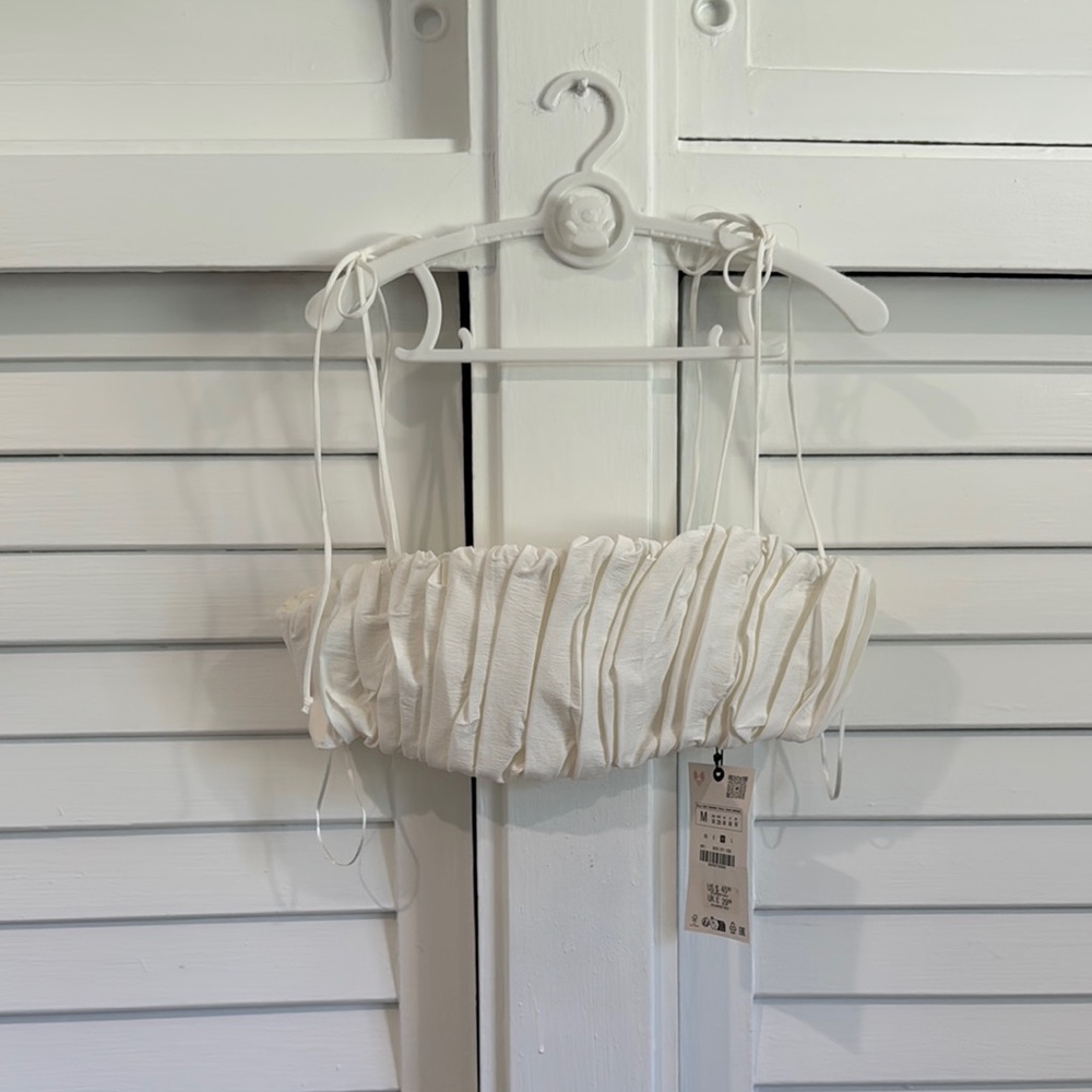 NWT Zara Elegant White Ruched Strapless Top with Ties